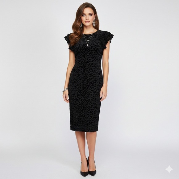 Tommy Hilfiger Dresses & Skirts - Tommy Hilfiger Dress Womens 8 Black‎ Ruffle Leopard Print Velvet Burnout Sheath